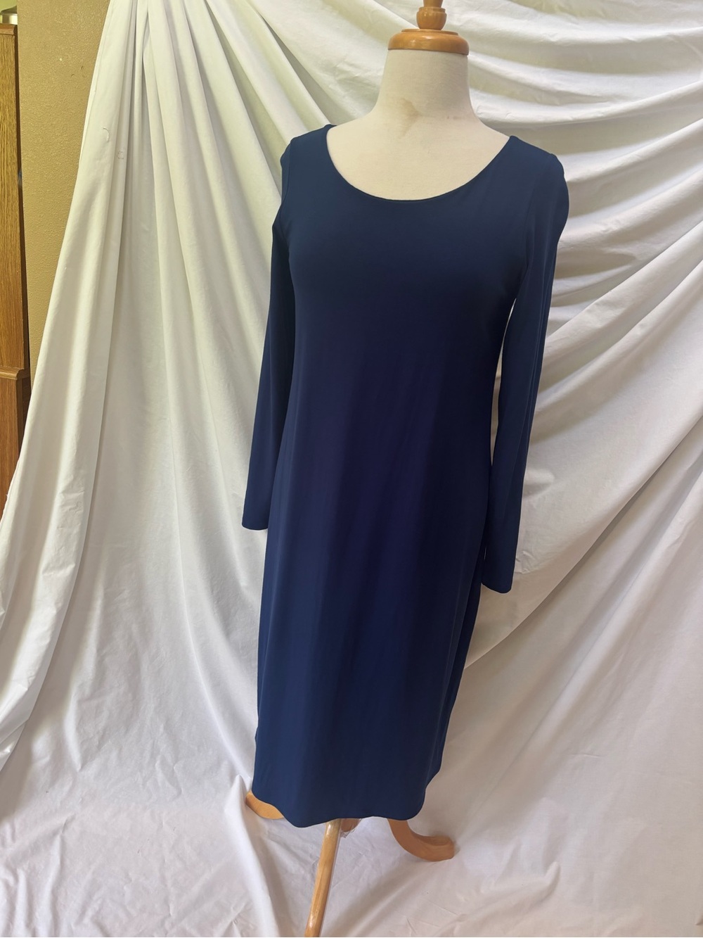 Eileen Fisher Dark Blue Stretch Knit Midi Dress M / L ~ Perfect!